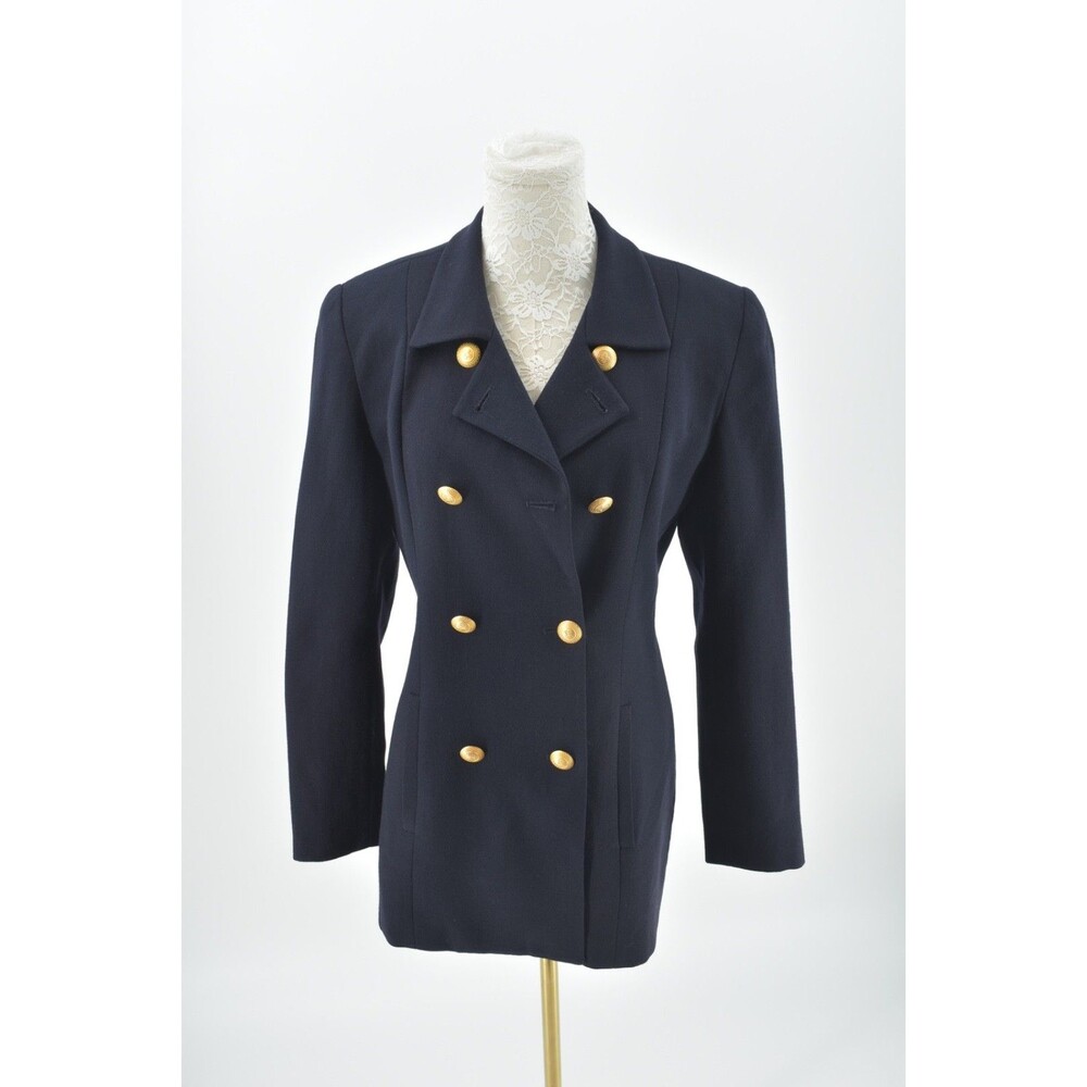 Jones New York Women 4 Vintage Double Breasted Blazer Worsted Wool Navy Blue